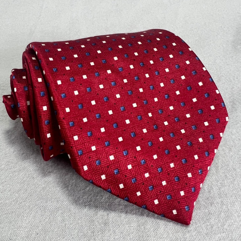Tom James Power Tie All Silk Red Blue White Small Square Dot‎ Pattern 3.5-57.5